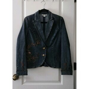 Women's Jacket‎ Jean Beaded Front Buttons Stretch Cotton Blue Size 8